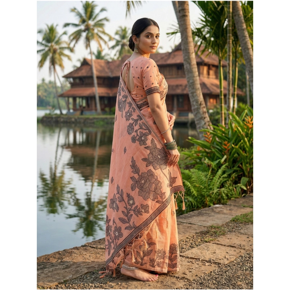 Women's Linen Cotton Printed Saree With Unstitched Blouse 5.5Mtr (Orange) Women's Linen Cotton Printed Saree With Unstitched Blouse 5.5Mtr (Orange)