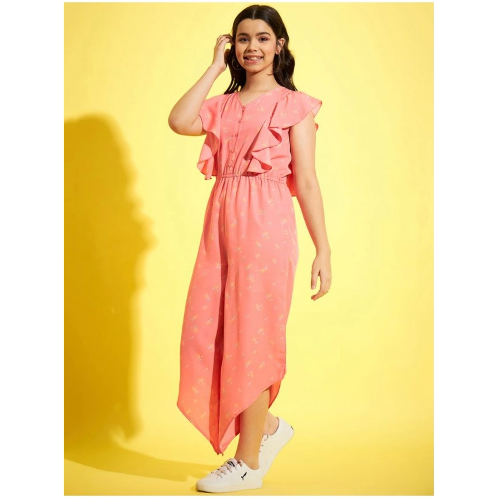 Girl's Polyester Floral Sleeveless Jumpsuit (Pink) Girl's Polyester Floral Sleeveless Jumpsuit (Pink)