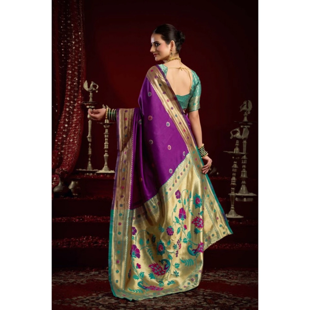 Women's Silk Blend Woven Saree With Unstitched Blouse 5.5 Mtr (Purple)