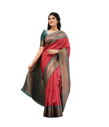 Women's Soft Lichi Silk Printed Saree With Unstitched Blouse 5.5Mtr (Red)