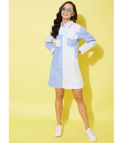 Women's Denim Solid Long Sleeves Dress (Blue)