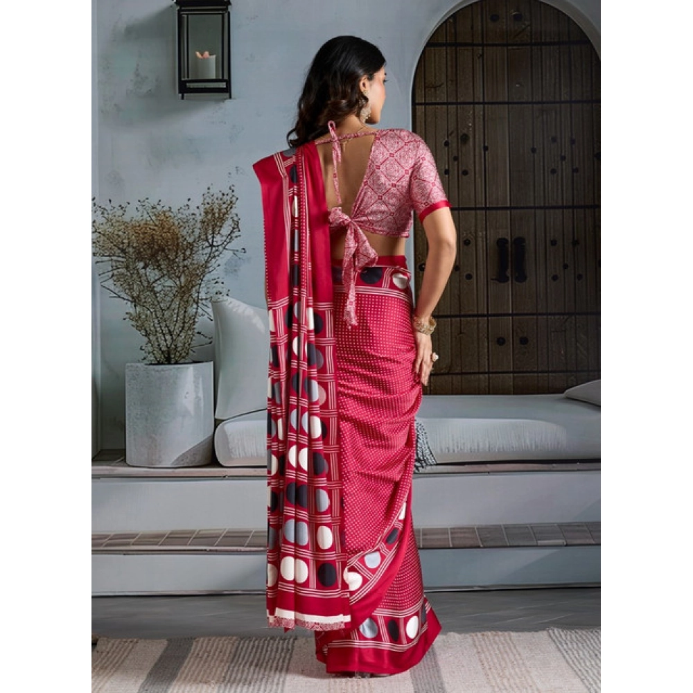 Women's Satin Crepe Printed Saree With Unstitched Blouse 5.5Mtr (Red)