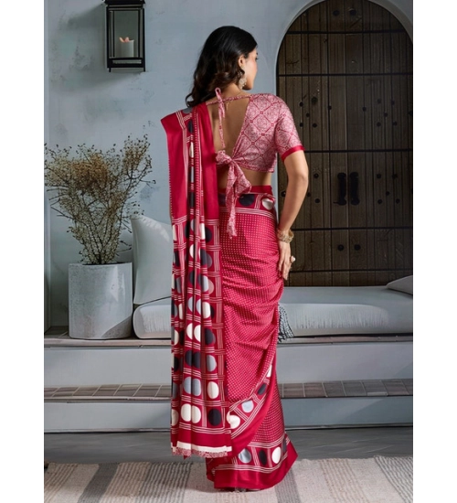 Women's Satin Crepe Printed Saree With Unstitched Blouse 5.5Mtr (Red)