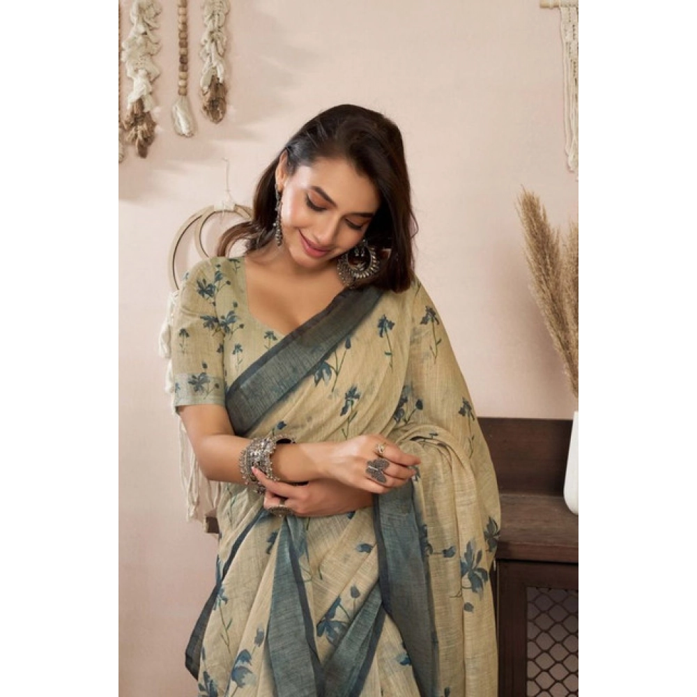 Women's Faux Linen Floral Print Ready to wear Saree With Unstitched Blouse 5.5Mtr (LightBeige) Women's Faux Linen Floral Print Ready to wear Saree With Unstitched Blouse 5.5Mtr (LightBeige)