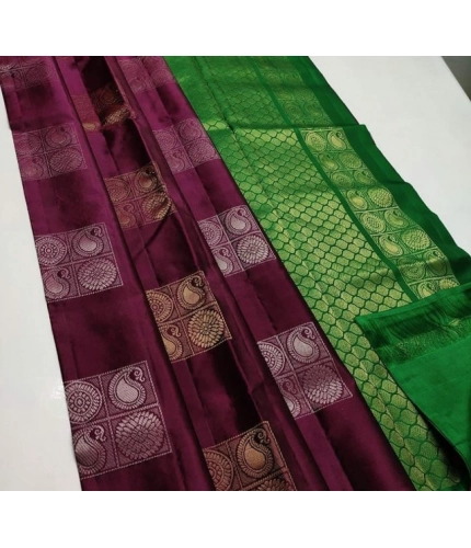 Women's Litchi silk Printed Saree With Unstitched Blouse (Brown With Green)