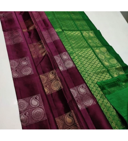 Women's Litchi silk Printed Saree With Unstitched Blouse (Brown With Green)