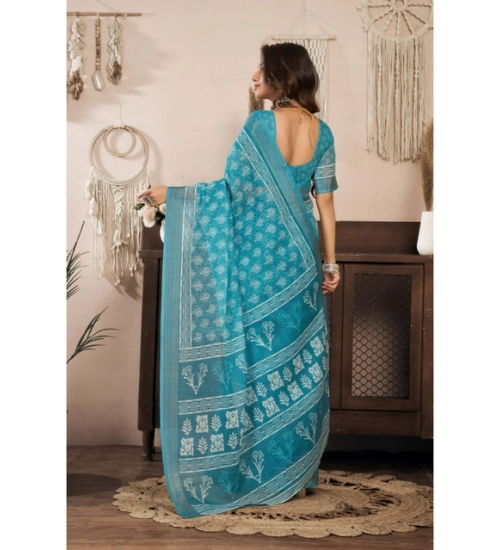 Women's Linen Cotton Printed Ready To Wear Saree With Unstitched Blouse 5.5 Mtr (Aqua_Blue)