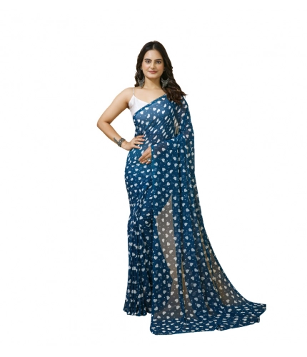 Women's Georgette Printed Saree With Unstitched Blouse 5.5Mtr (Blue)