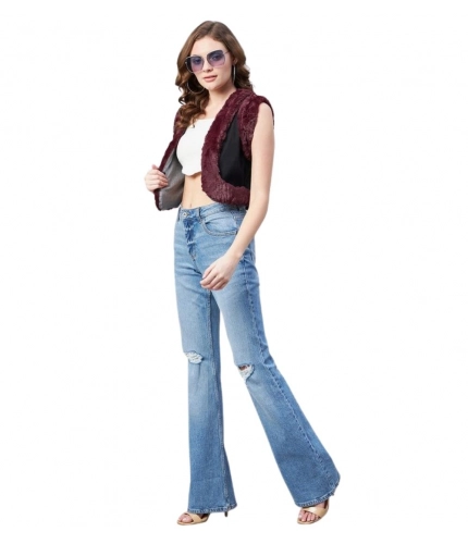 Women's Denim And Fur Solid Sleeveless Shrug (Black - Maroon)