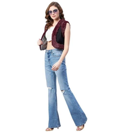 Women's Denim And Fur Solid Sleeveless Shrug (Black - Maroon)