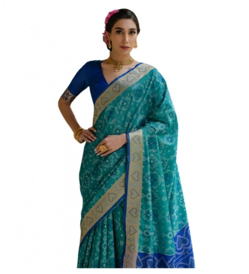 Women's Silk_Blend Ethnic Ikat Pattern Saree With Unstitched Blouse 5.5Mtr (Teal)