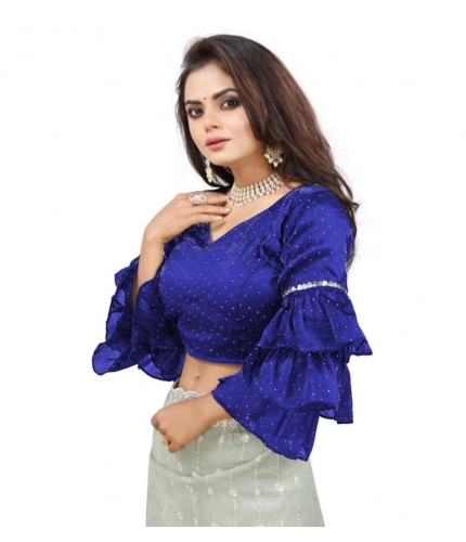 Women's Organza Solid V Neck Layered Ruffle Sleeve Readymade Blouse (Blue Free Size , up to 38–40 Bust)-PID65849