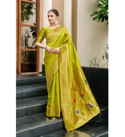 Women's Silk Blend Paithani Weaving Saree With Unstitched Blouse 5.5Mtr (Lime Green)