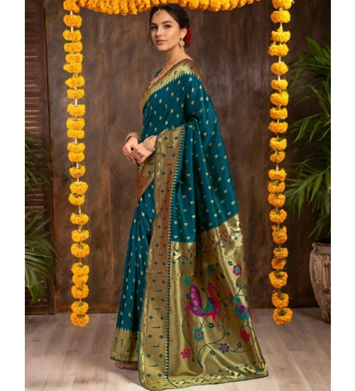 Women's Silk Blend Zari Weaving Saree With Unstitched Blouse 5.5Mtr (Teal)