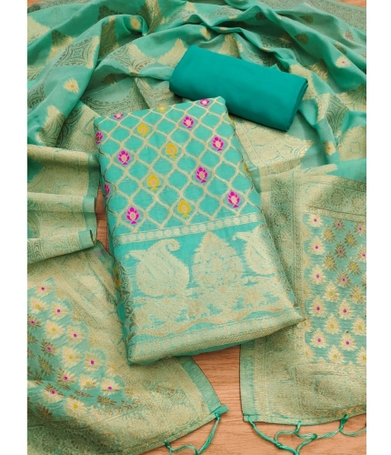 Women's Banarasi Silk Printed Unstitched Salwar Suit Material With Dupatta (sea green, 3Mtrs)