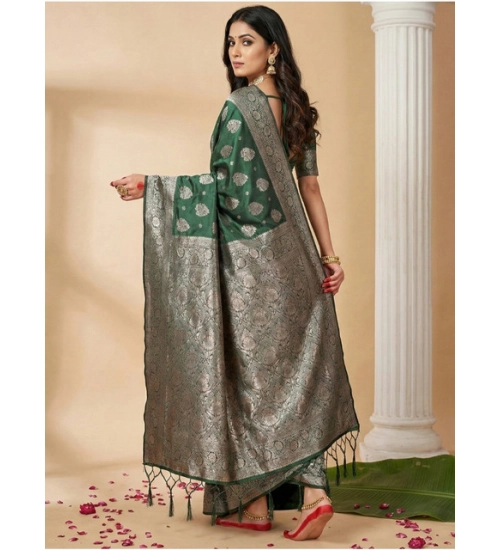 Women's Silk Blend Printed Saree With Unstitched Blouse 5.5Mtr (Dark Green)