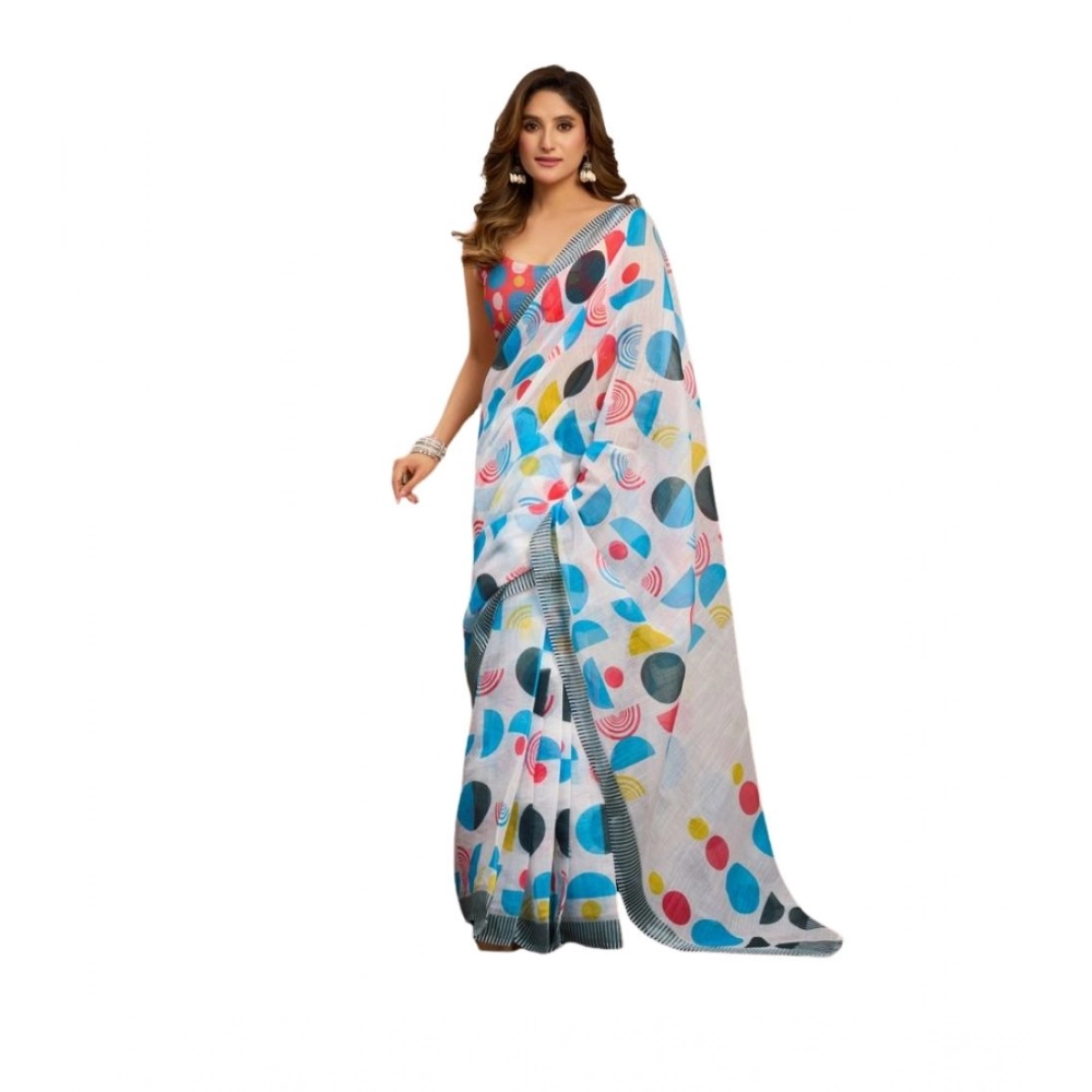 Women's Linen Cotton Printed Ready To Wear Saree With Unstitched Blouse 5.5 Mtr (Multicolor)