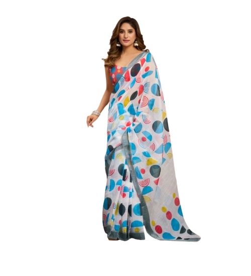 Women's Linen Cotton Printed Ready To Wear Saree With Unstitched Blouse 5.5 Mtr (Multicolor)