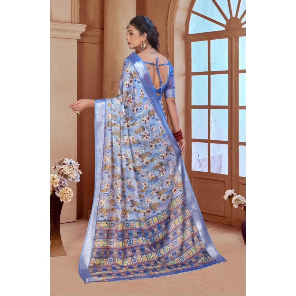 Women's Printed Cotton Linen Saree withPrinted  Saree With Unstitched Blouse (Blue, 5-6Mtrs)
