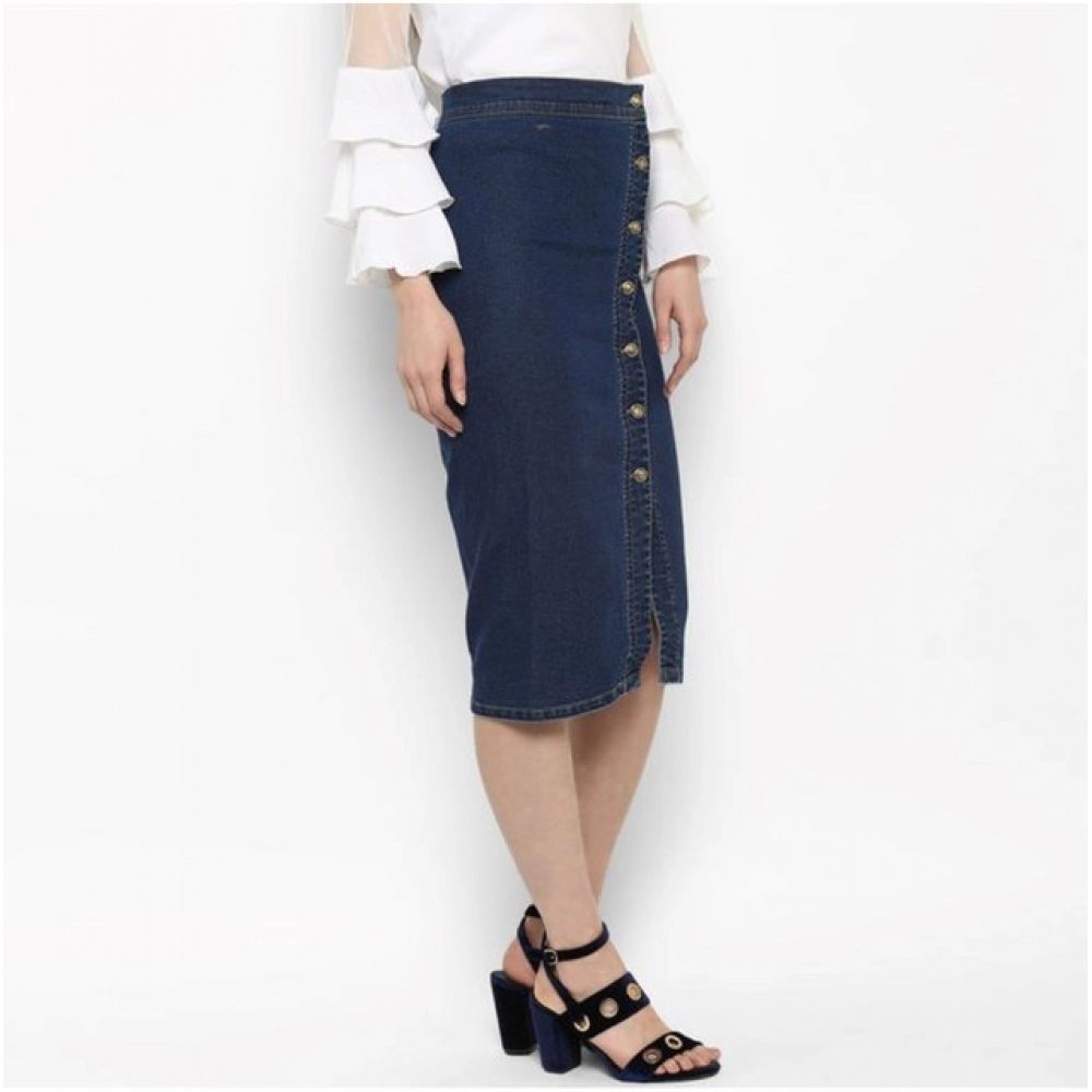 Women's Denim Front Button Buttoned Skirt (Blue)
