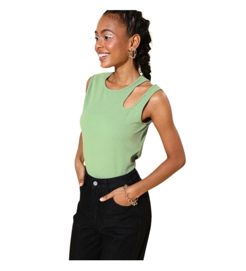 Women's Polyester Lycra Solid Sleeveless Top (Green)