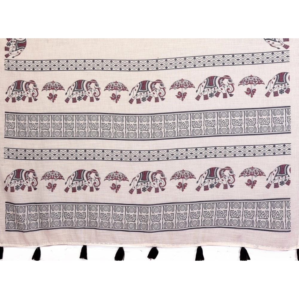 Women's Linen Cotton Printed Saree With Unstitched Blouse 5.5Mtr (Off White)