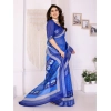 Women's Linen Cotton  Printed Saree With Unstitched Blouse 5.5Mtr (Blue)
