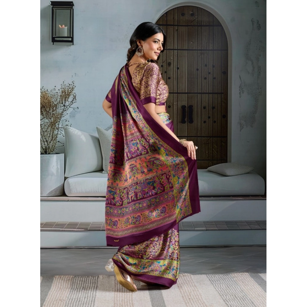 Women's Satin Crepe Printed Saree With Unstitched Blouse 5.5Mtr (Purple)