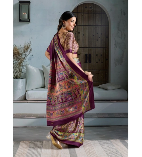 Women's Satin Crepe Printed Saree With Unstitched Blouse 5.5Mtr (Purple)