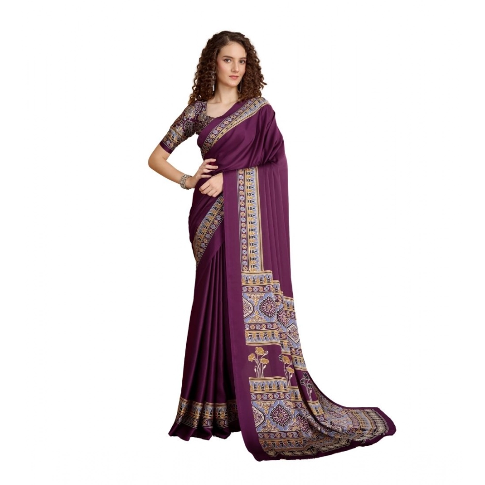 Women's Satin Crepe Printed Saree With Unstitched Blouse 5.5Mtr (Purple)