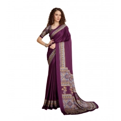 Women's Satin Crepe Printed Saree With Unstitched Blouse 5.5Mtr (Purple)