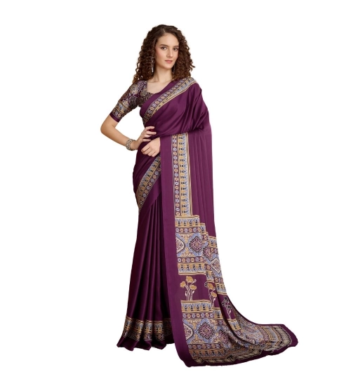 Women's Satin Crepe Printed Saree With Unstitched Blouse 5.5Mtr (Purple)