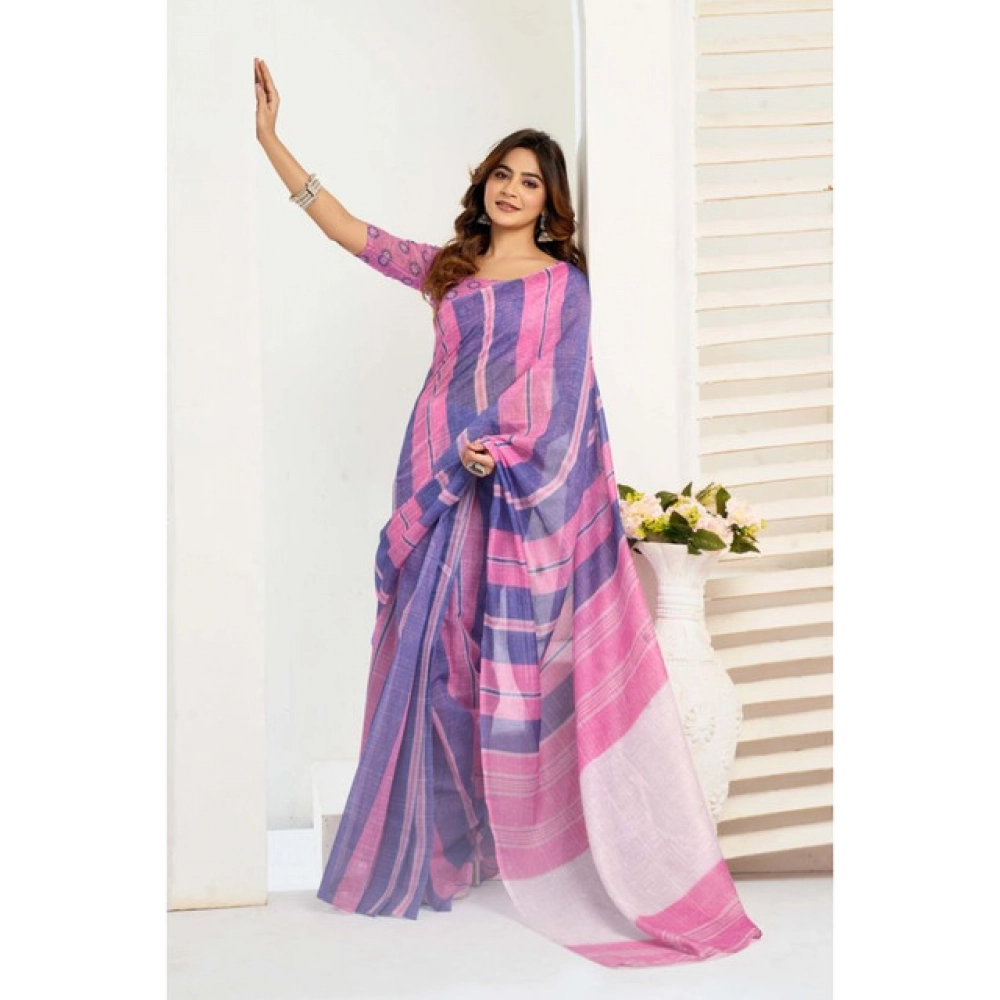 Women's Linen Cotton Printed Ready To Wear Saree With Unstitched Blouse 5.5 Mtr (Pink)