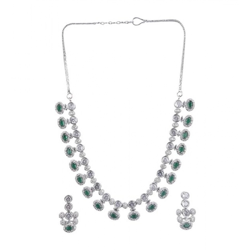 Women's Brass Silver Plated Necklace set (Green)