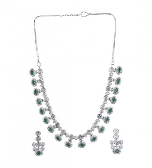 Women's Brass Silver Plated Necklace set (Green)