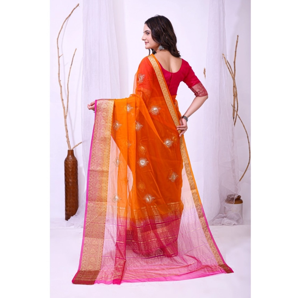 Women's Organza jacquard Embellished Saree With Unstitched Blouse 5.5Mtr (Orange) Women's Organza jacquard Embellished Saree With Unstitched Blouse 5.5Mtr (Orange)