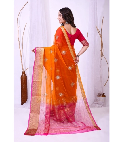 Women's Organza jacquard Embellished Saree With Unstitched Blouse 5.5Mtr (Orange)