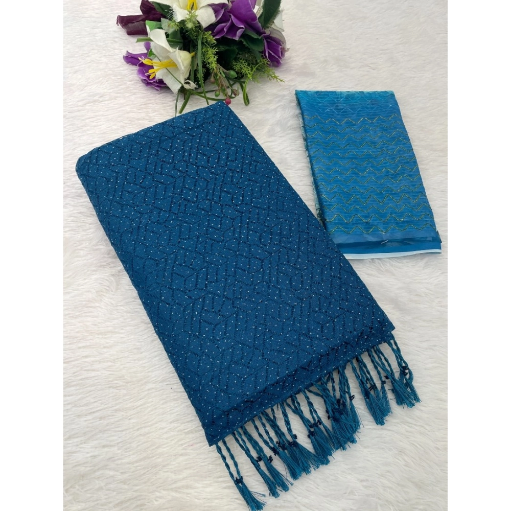 Women's Chiffon Zigzag lines Saree With Unstitched Blouse 5.5Mtr (Blue) Women's Chiffon Zigzag lines Saree With Unstitched Blouse 5.5Mtr (Blue)