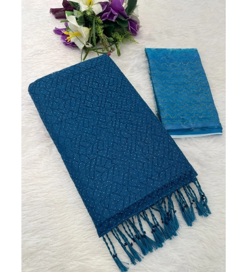 Women's Chiffon Zigzag lines Saree With Unstitched Blouse 5.5Mtr (Blue)