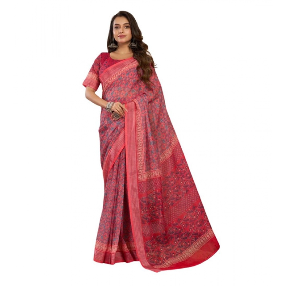 Women's Linen Cotton Printed Ready To Wear Saree With Unstitched Blouse 5.5 Mtr (Red) Women's Linen Cotton Printed Ready To Wear Saree With Unstitched Blouse 5.5 Mtr (Red)