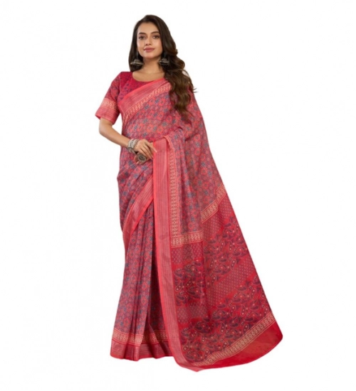 Women's Linen Cotton Printed Ready To Wear Saree With Unstitched Blouse 5.5 Mtr (Red)