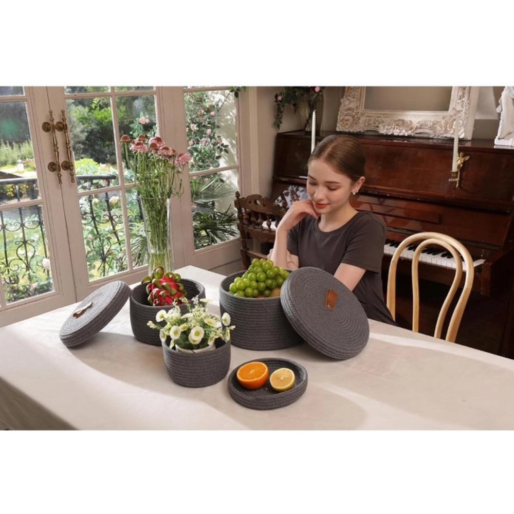 Cotton 3 Pcs Set Roti Box Storage Basket With Lid (Gray)