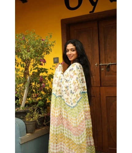 Women's Linen Printed Saree With Unstitched Blouse 5.5Mtr (White)