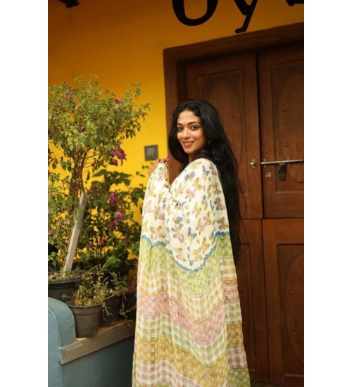 Women's Linen Printed Saree With Unstitched Blouse 5.5Mtr (White)