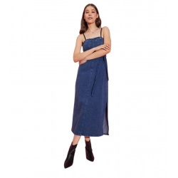 Women's Denim Solid Shoulder Straps Dress (Blue)