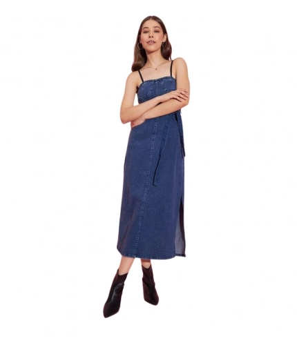 Women's Denim Solid Shoulder Straps Dress (Blue)