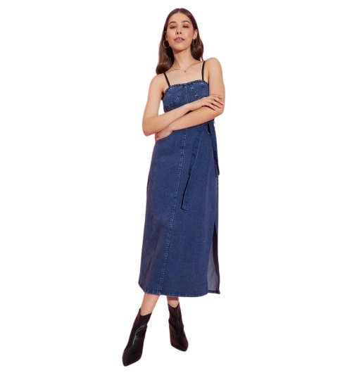 Women's Denim Solid Shoulder Straps Dress (Blue)