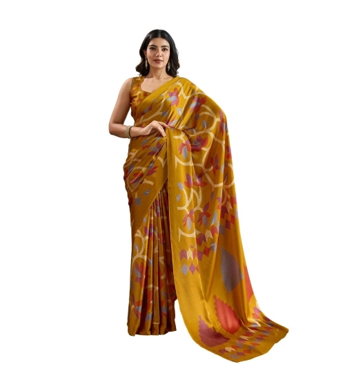 Women's Satin Crepe Printed Saree With Unstitched Blouse 5.5Mtr (Mustard)