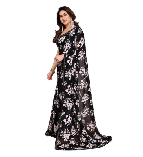 Women's Georgette Printed Saree With Unstitched Blouse 5.5Mtr (Black)