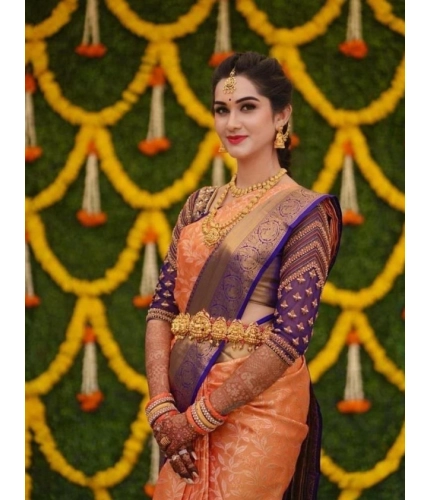 Women's Litchi silk Printed Saree With Unstitched Blouse (Orange)